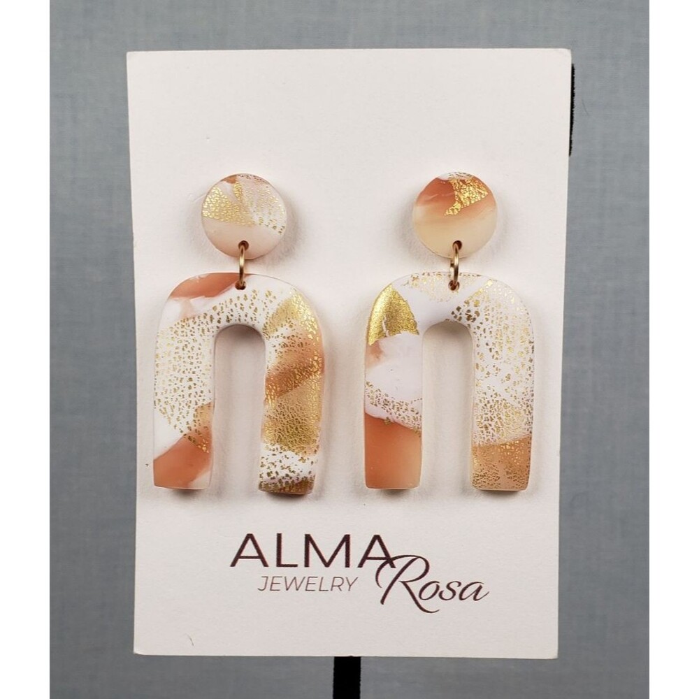 Alma Rosa Arches White Pink and Gold Leaf Polymer Clay Arch Dangle Stud Earrings